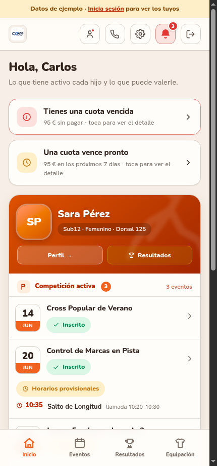 App móvil de familias con cuotas, atletas e inscripciones activas